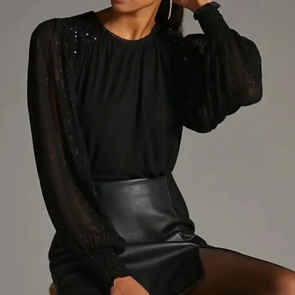 NEW bl^nk London Black Sequin Shoulder Metallic Sheer Sleeve Blouse L